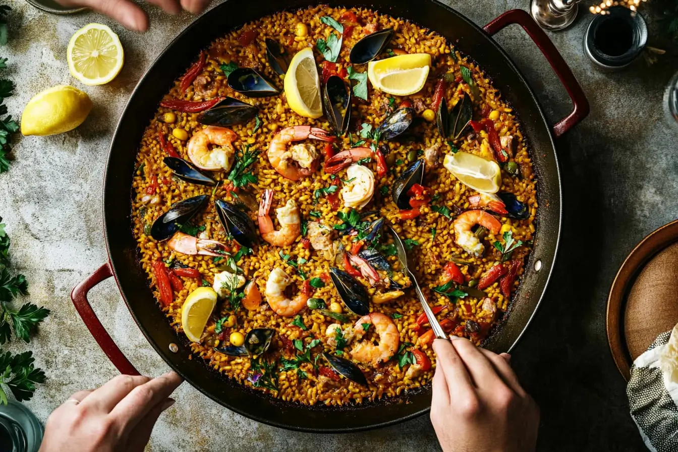 Family Serving Seafood Paella from the Pan at the Table
