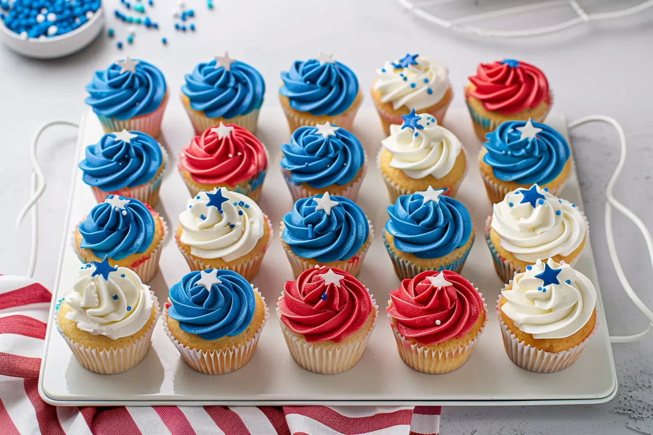 Red White and Blue Cupcakes—overhead view of 24 vanilla cupcakes topped with red, white, and blue buttercream swirls and star sprinkles, arranged neatly on a serving tray.