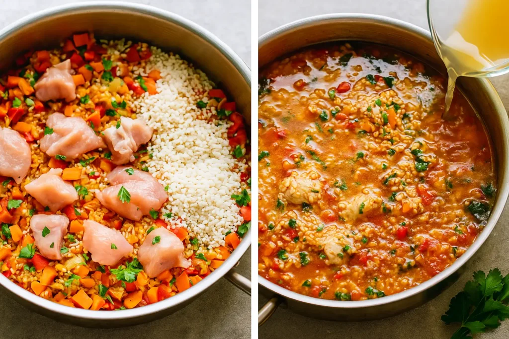 Seafood paella cooking process with chicken, rice, vegetables, and broth in skillet