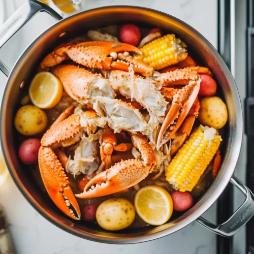 Overhead view of a seafood boil in a stainless pot filled with crab claws, corn cobs, baby potatoes, and lemon halves on a stovetop