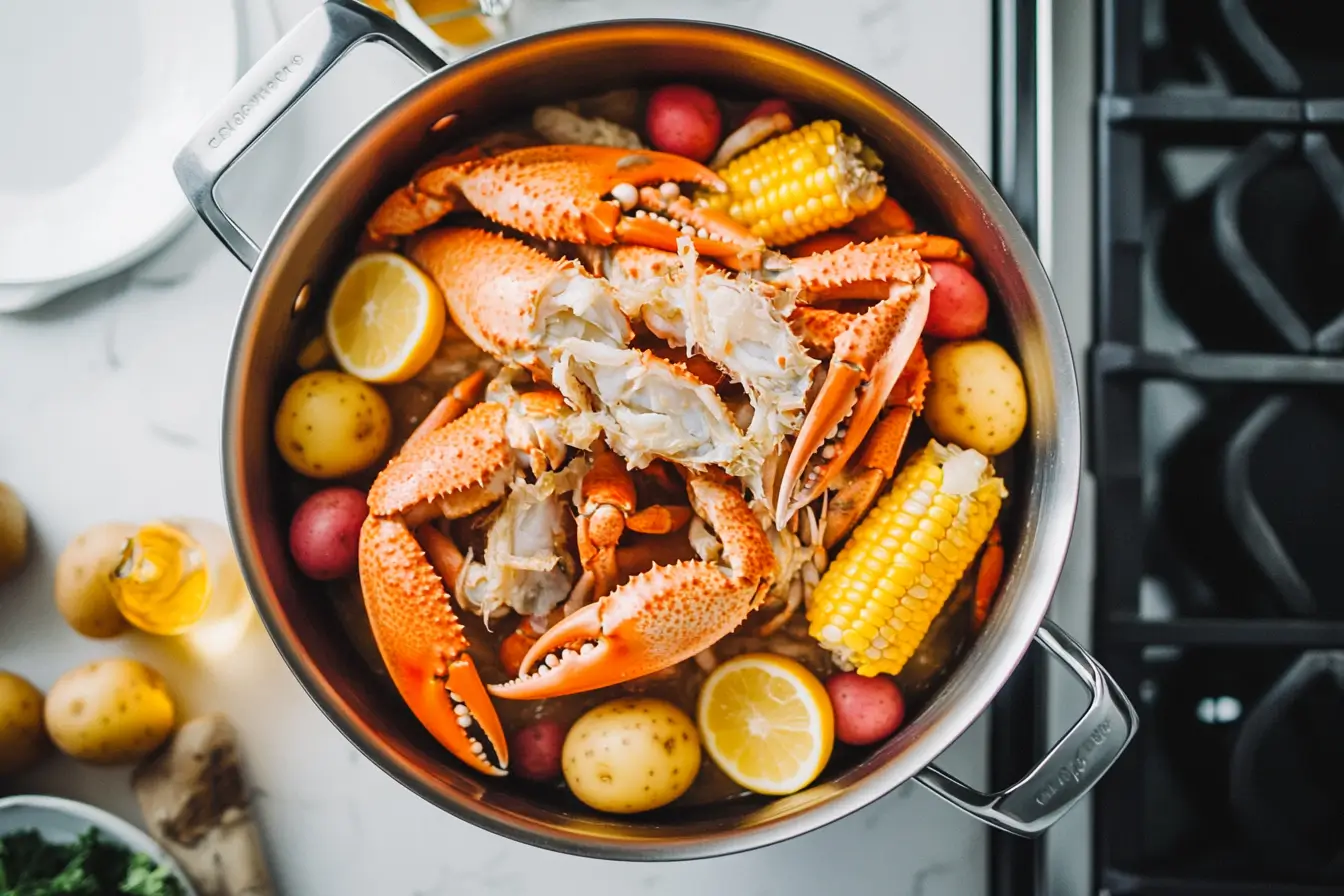 Overhead view of a seafood boil in a stainless pot filled with crab claws, corn cobs, baby potatoes, and lemon halves on a stovetop
