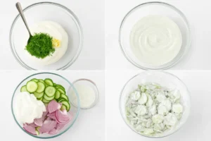 A four-panel collage showing the step-by-step process of making creamy cucumber salad, from mixing the dill dressing to tossing it with sliced cucumbers and red onions.