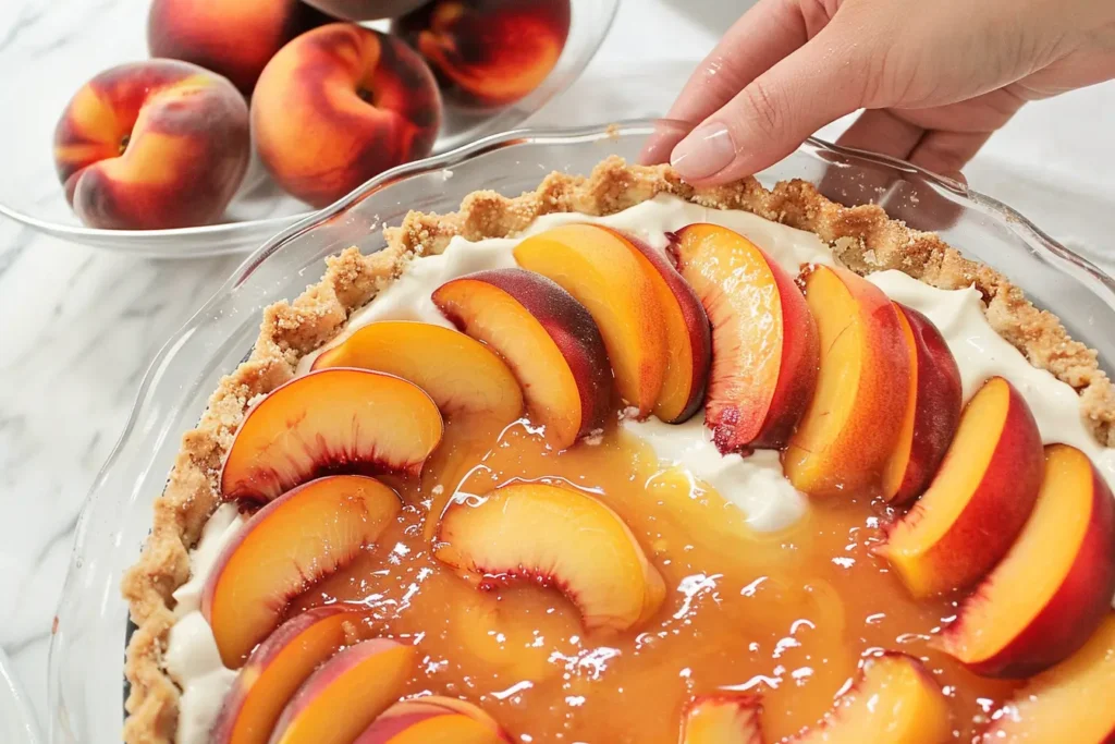  Hand arranging fresh peach slices on a creamy Peaches & Cream Pie in a glass dish