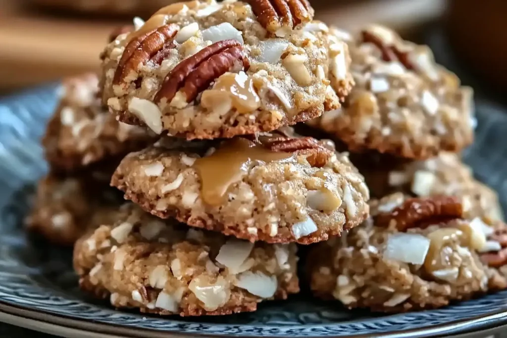 Stack of no-bake coconut pecan praline cookies with caramel drizzle and pecan halves
