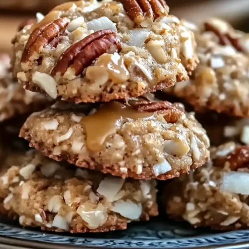 Stack of no-bake coconut pecan praline cookies with caramel drizzle and pecan halves