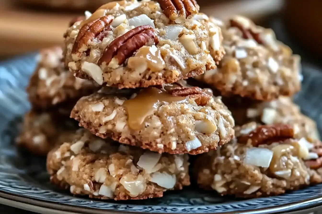 Stack of no-bake coconut pecan praline cookies with caramel drizzle and pecan halves