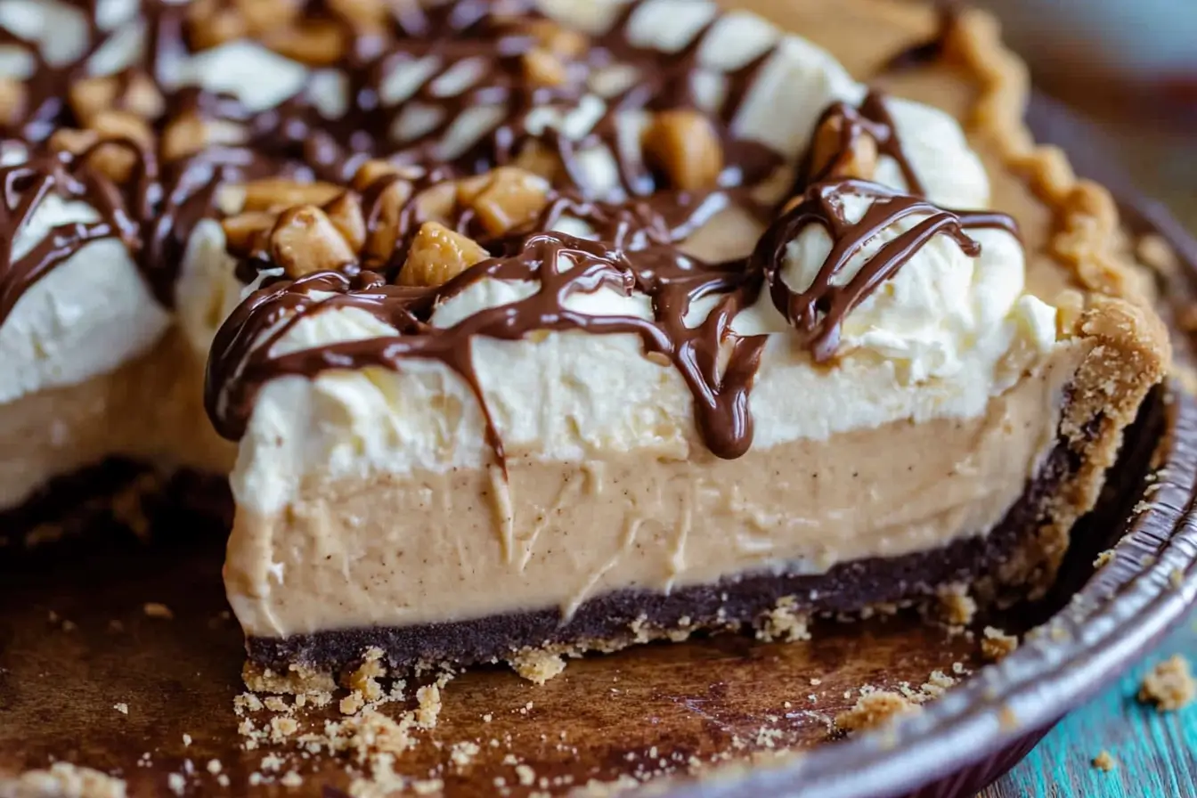 Close-up of No-Bake Peanut Butter Pie: creamy layers, whipped cream, chocolate drizzle, and peanuts.