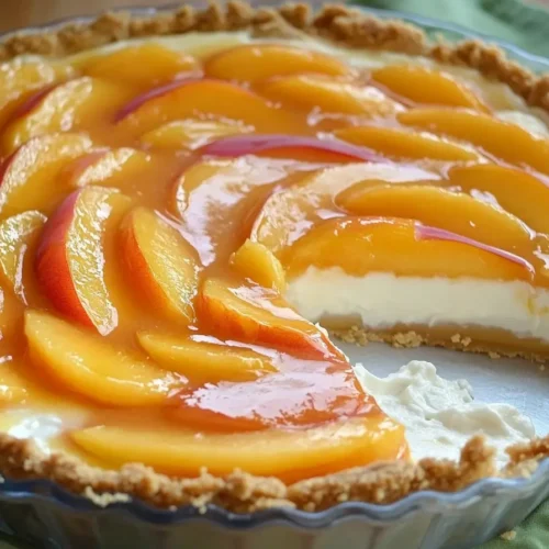 Overhead of peaches and cream pie with one slice removed