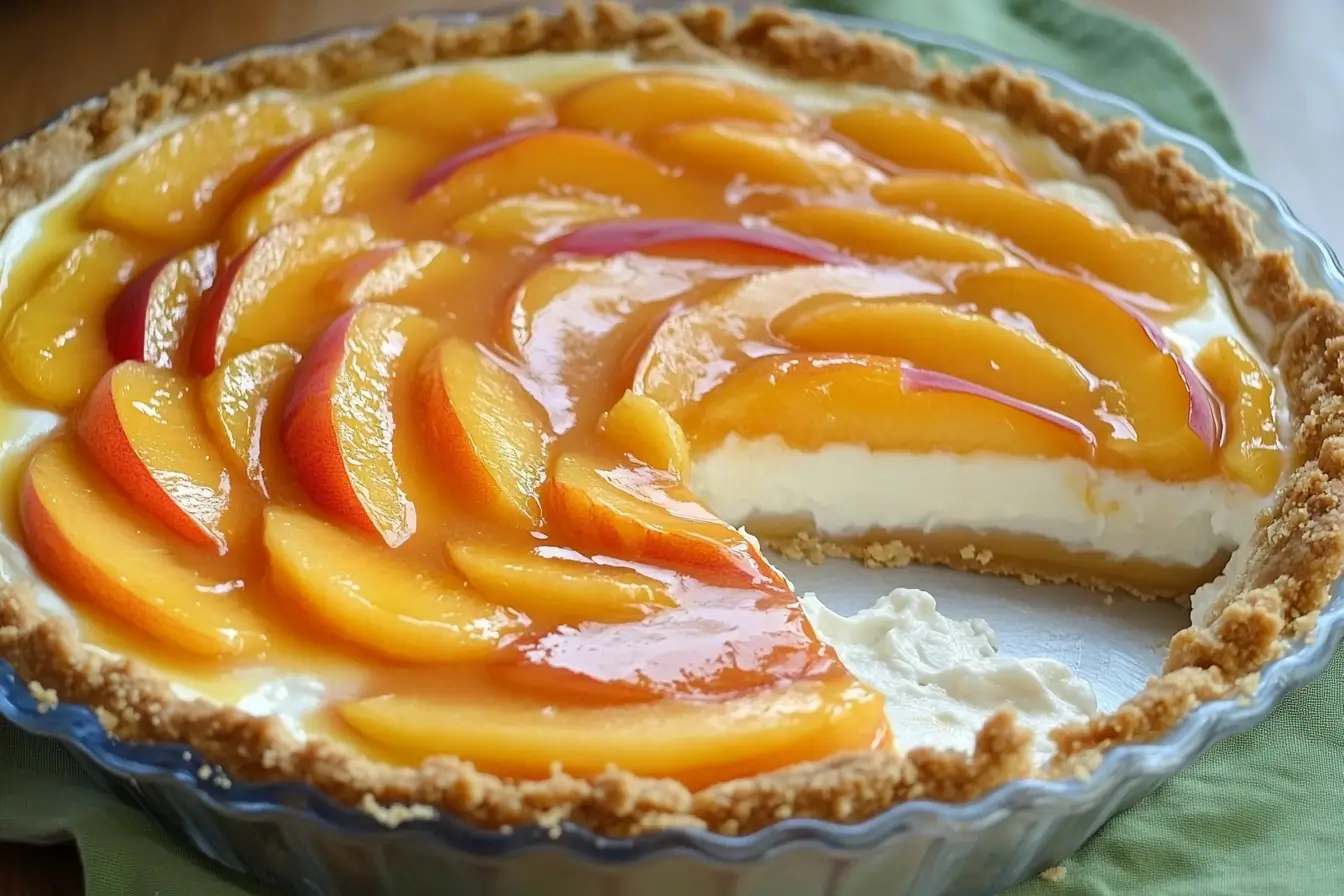 Overhead of peaches and cream pie with one slice removed