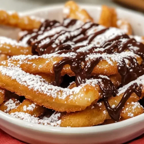 Golden funnel cake fries topped with powdered sugar and chocolate sauce.