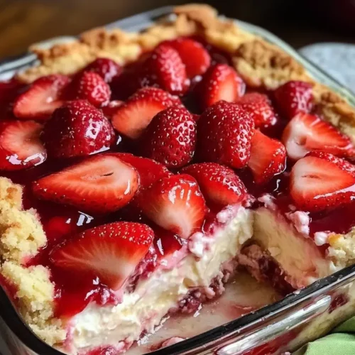 A freshly baked 5-Ingredient Strawberry Cheesecake Dump Cake in a glass baking dish