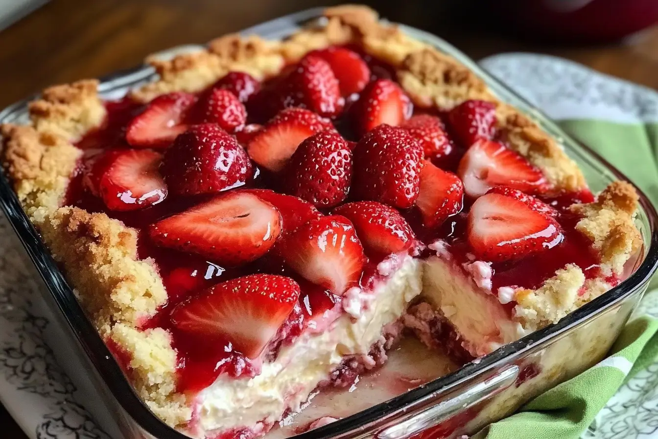A freshly baked 5-Ingredient Strawberry Cheesecake Dump Cake in a glass baking dish