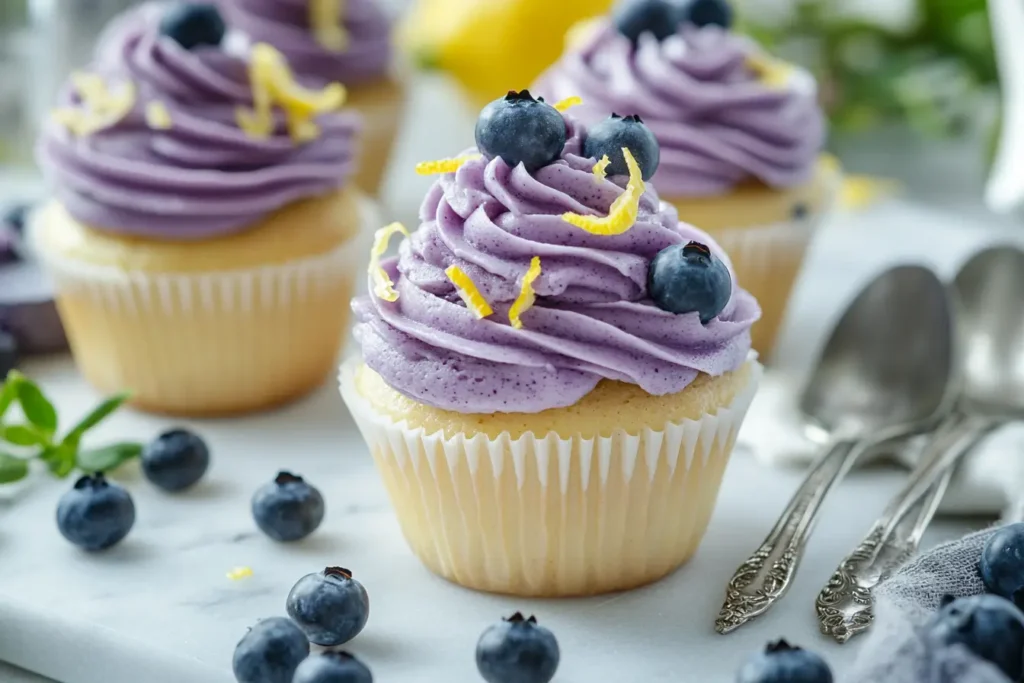 Cupcakes topped with blueberry cream cheese frosting and lemon zest