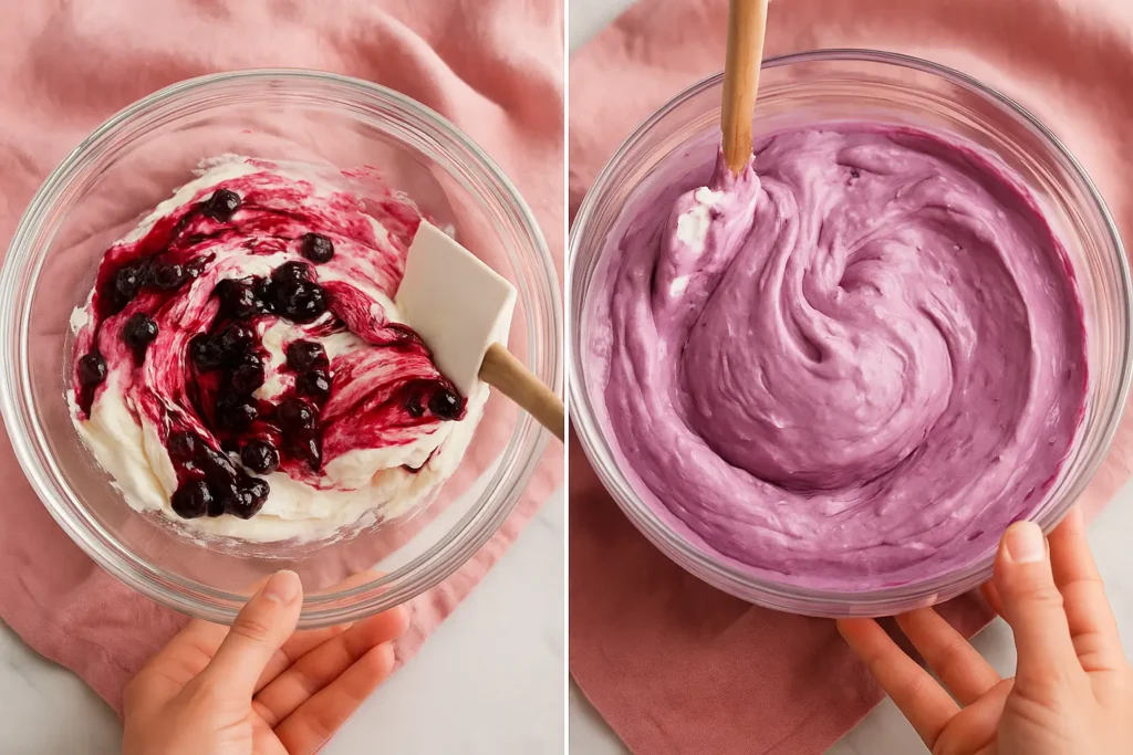 Before and after mixing blueberry sauce into cream cheese frosting