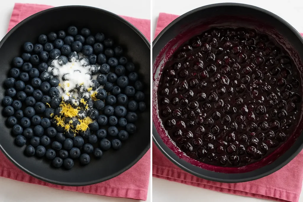 Blueberries with sugar and lemon zest cooking into sauce for Blueberry Cream Cheese Frosting