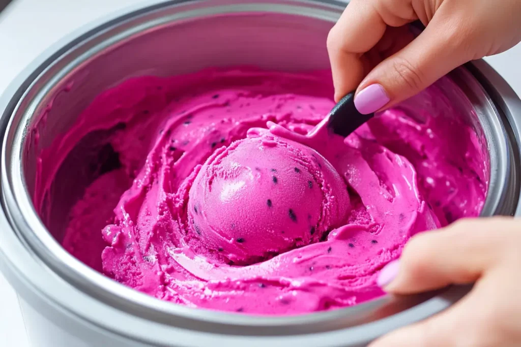 Dragon fruit ice cream churning in an ice cream maker until creamy