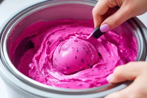Dragon fruit ice cream churning in an ice cream maker until creamy
