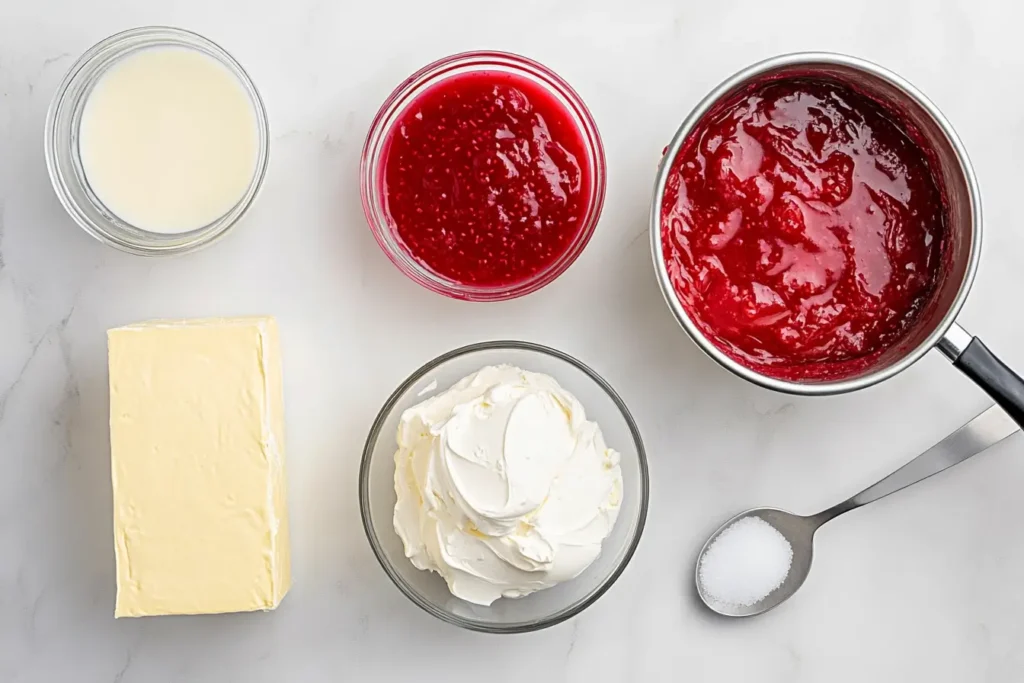 Flat lay of five components—cream, raspberry pie filling, melted butter, cream cheese, and sugar—for a Strawberry Cheesecake Dump Cake