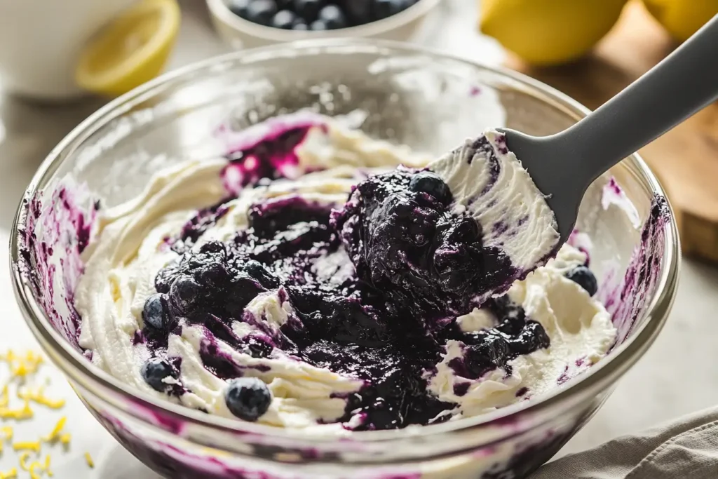 Folding blueberry sauce into cream cheese frosting in a glass bowl