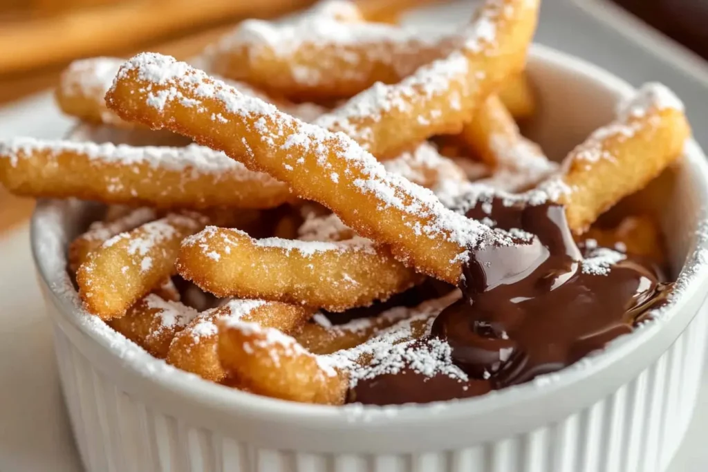 Funnel cake fries in a white ramekin with powdered sugar and chocolate sauce.