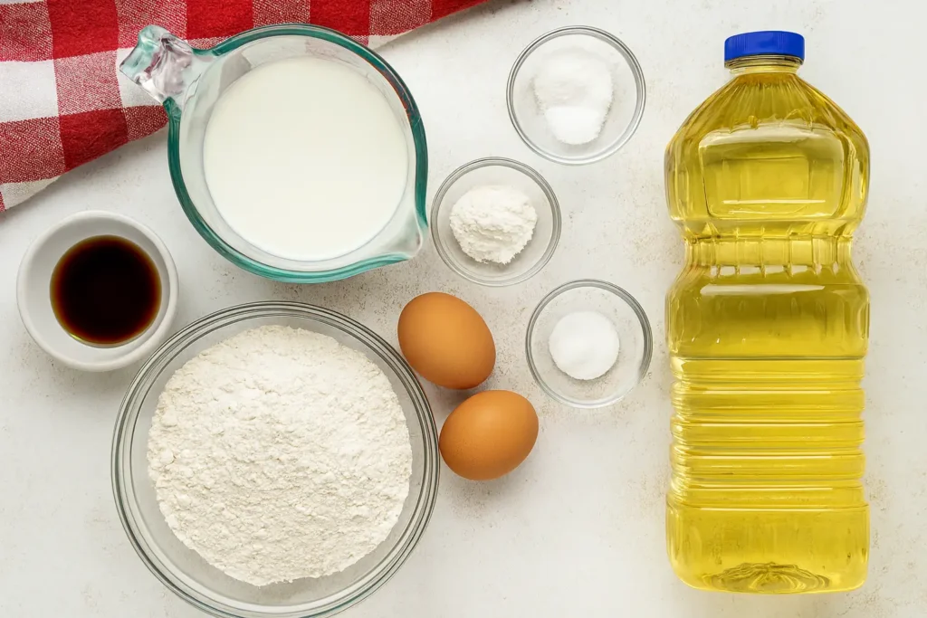Flat lay of funnel cake fries ingredients including vegetable oil, flour, eggs, milk, vanilla, sugar, baking powder, and salt on a white countertop.