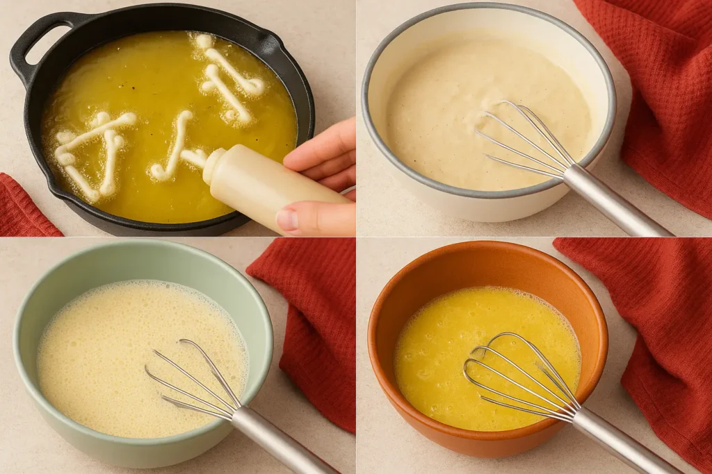 Step-by-step process of making funnel cake fries, from whisking eggs and milk to frying batter strips in hot oil.