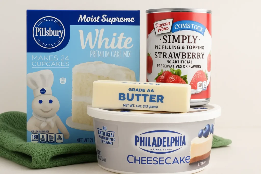 Box of white cake mix, can of strawberry pie filling, tub of cream cheese, and stick of butter on a countertop for making a Strawberry Cheesecake Dump Cake