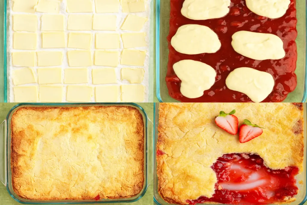 Four-panel collage of Strawberry Cheesecake Dump Cake: butter cubes on cake mix, cheesecake dollops on filling, golden crust, sliced to reveal strawberry interior.